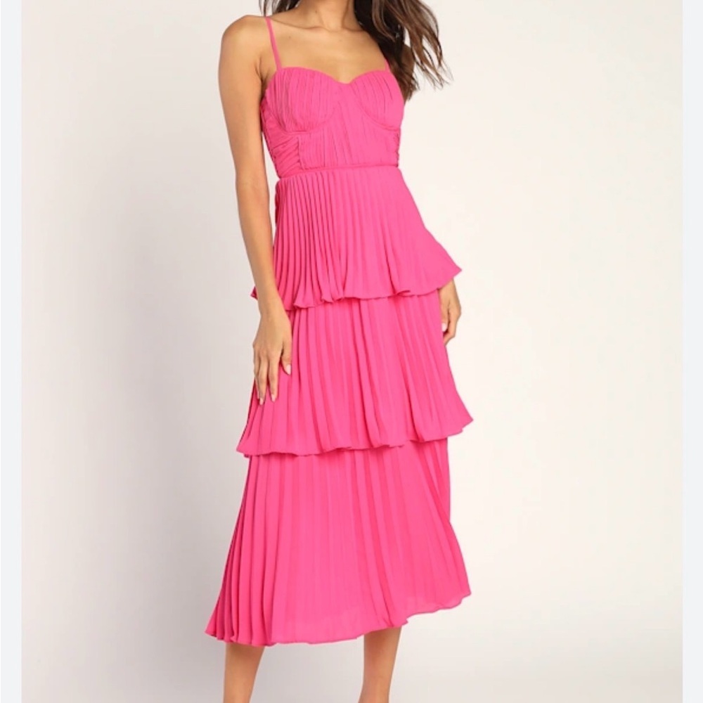 Lulu's Hot Pink Pleated Tiered Midi Dress